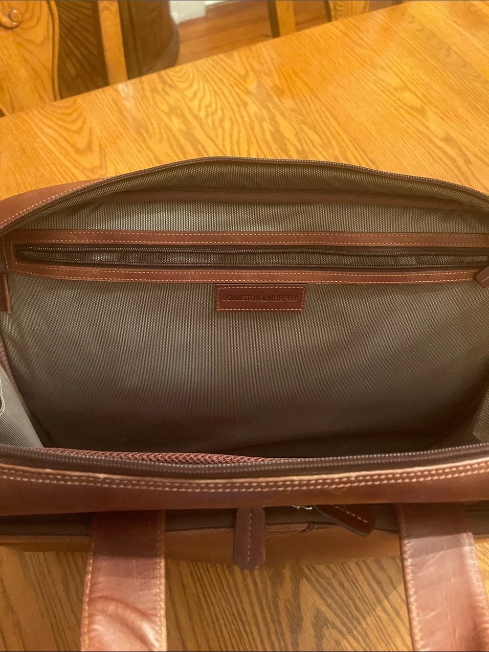 Johnston & Murphy Brown Leather Briefcase with Dual Zippers